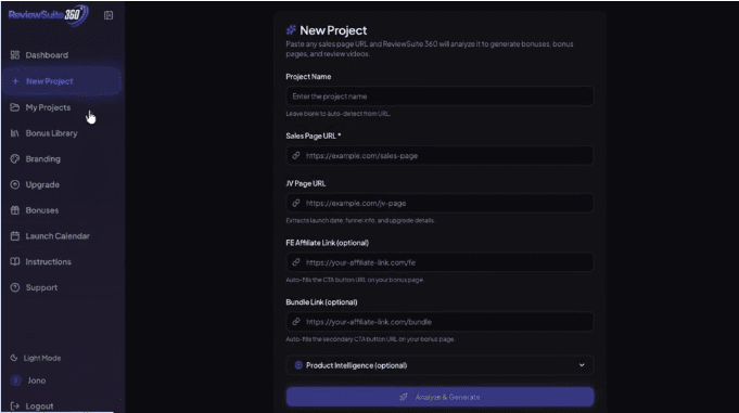 ReviewSuite360 project creation workflow step by step