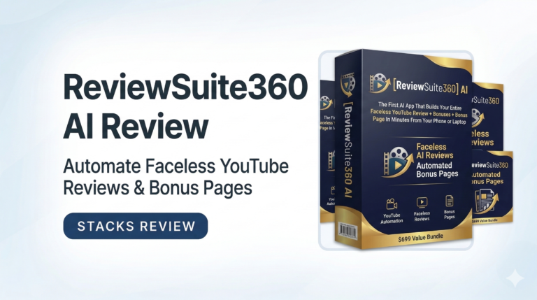 Professional SaaS dashboard for ReviewSuite360 showing YouTube automation and bonus page features.